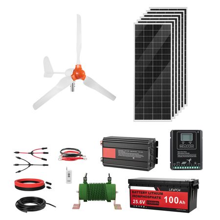 24V 1000W Solar Wind Power Kit, 6*100W Solar Panel + 400W Wind Turbine + 25.6V 100Ah LiFePO4 Battery + 3000W Power Inverter + MPPT Wind/Solar Hybrid Controller for Home Boat Cabin Farm Off-Grid