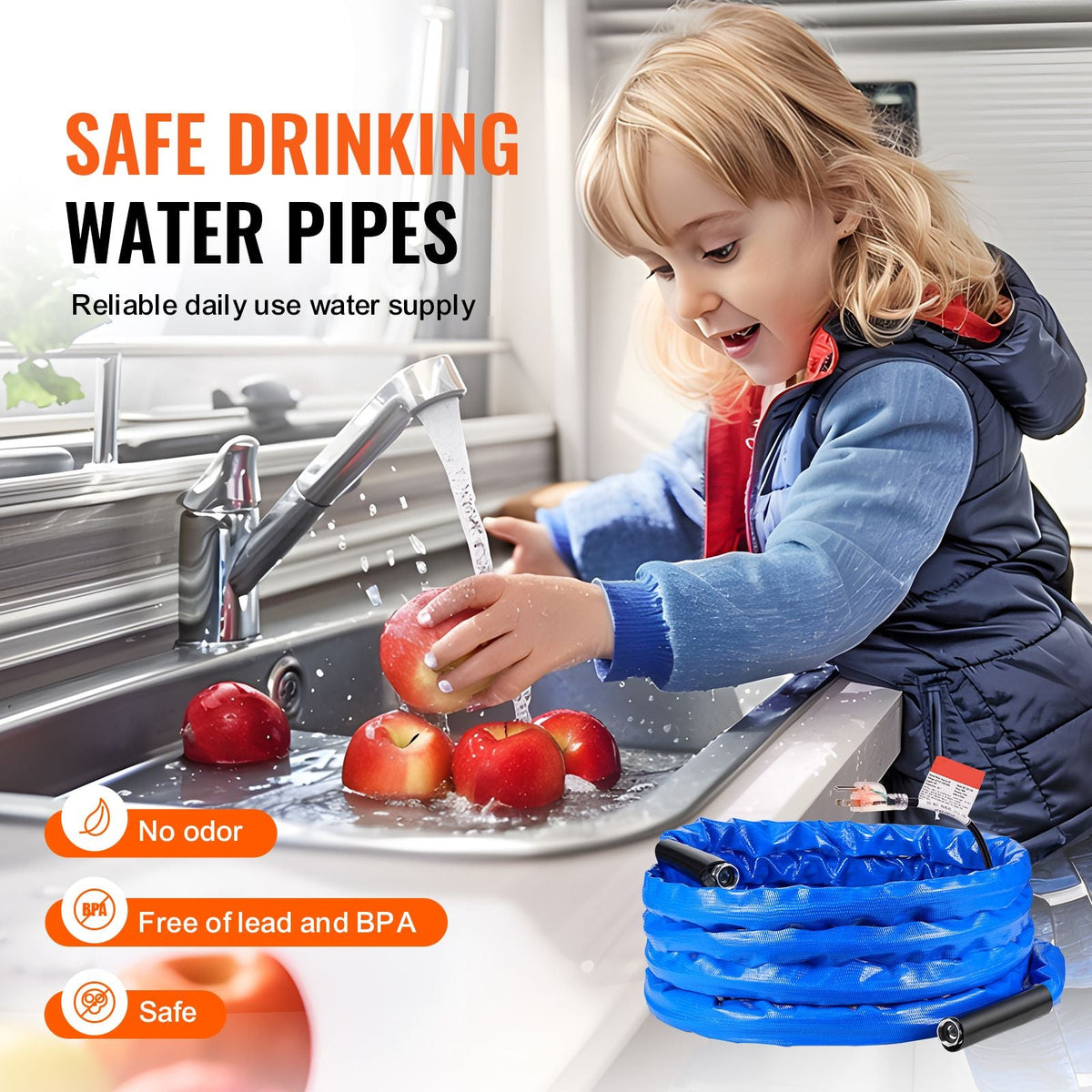 30ft Heated Water Hose for RV, Heated Drinking Water Hose with Corrugated Cover Antifreeze to -45 Fahrenheit , Automatic Self-regulating, 5/8" I.D. with 3/4" GHT Adapter, Lead and BPA Free