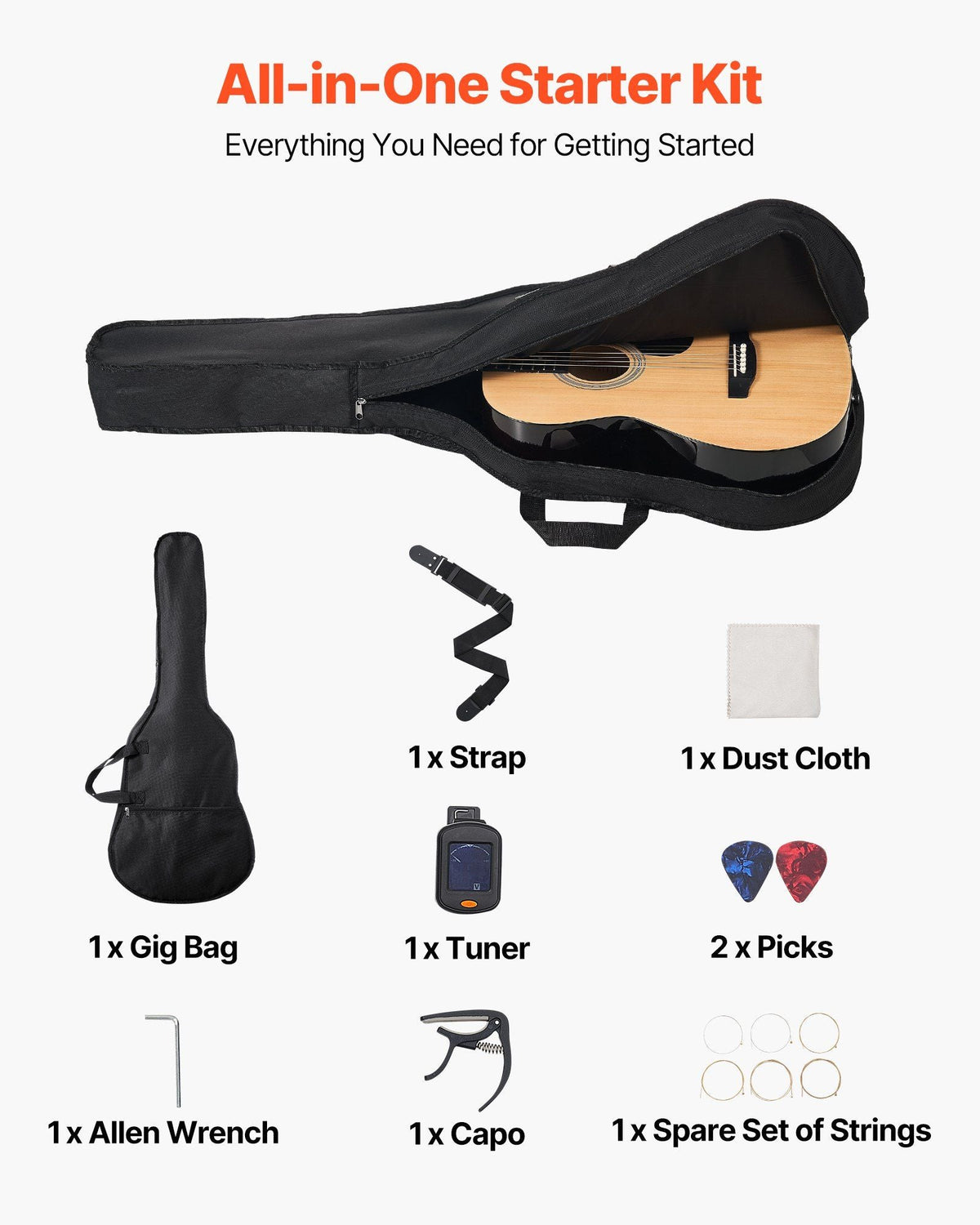 39 in Dreadnought Acoustic Guitar Natural Beginner Bundle with Gig Bag for Adult
