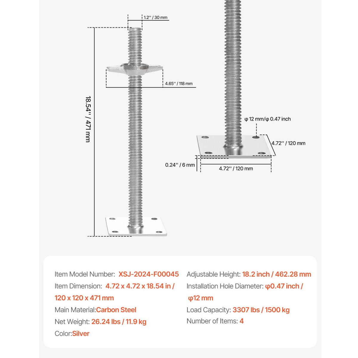 4-Pack Adjustable Leveling Jacks, 18.2 In Adjustable Height & 3307lbs/1500kg Total Load Capacity Scaffold Jacks Feet, Solid Carbon Steel Screw Jacks for Baker-Style Scaffolding Equipment, Silver