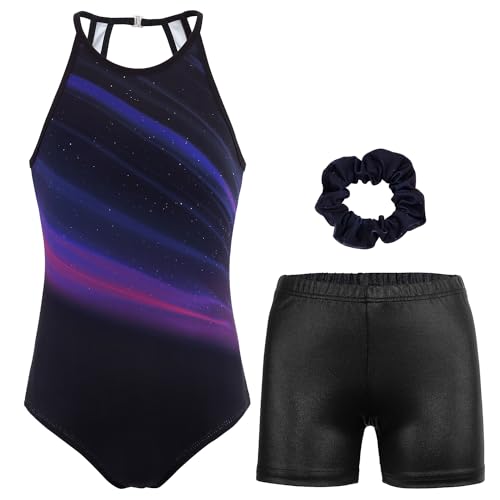 JOYSTREAM Gymnastics Leotards for Girls With Shorts Sparkly Ballet Dance Clasp Back Activewear Cosmic Aurora, 6-7Years