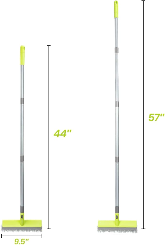 Floor Scrub Brush 2 in 1 Scrubber and Squeegee, Stiff Bristle Deck Brush for Cleaning Concrete, Patio, Garage, Kitchen, Carpet and Bathroom 57" Long Handle