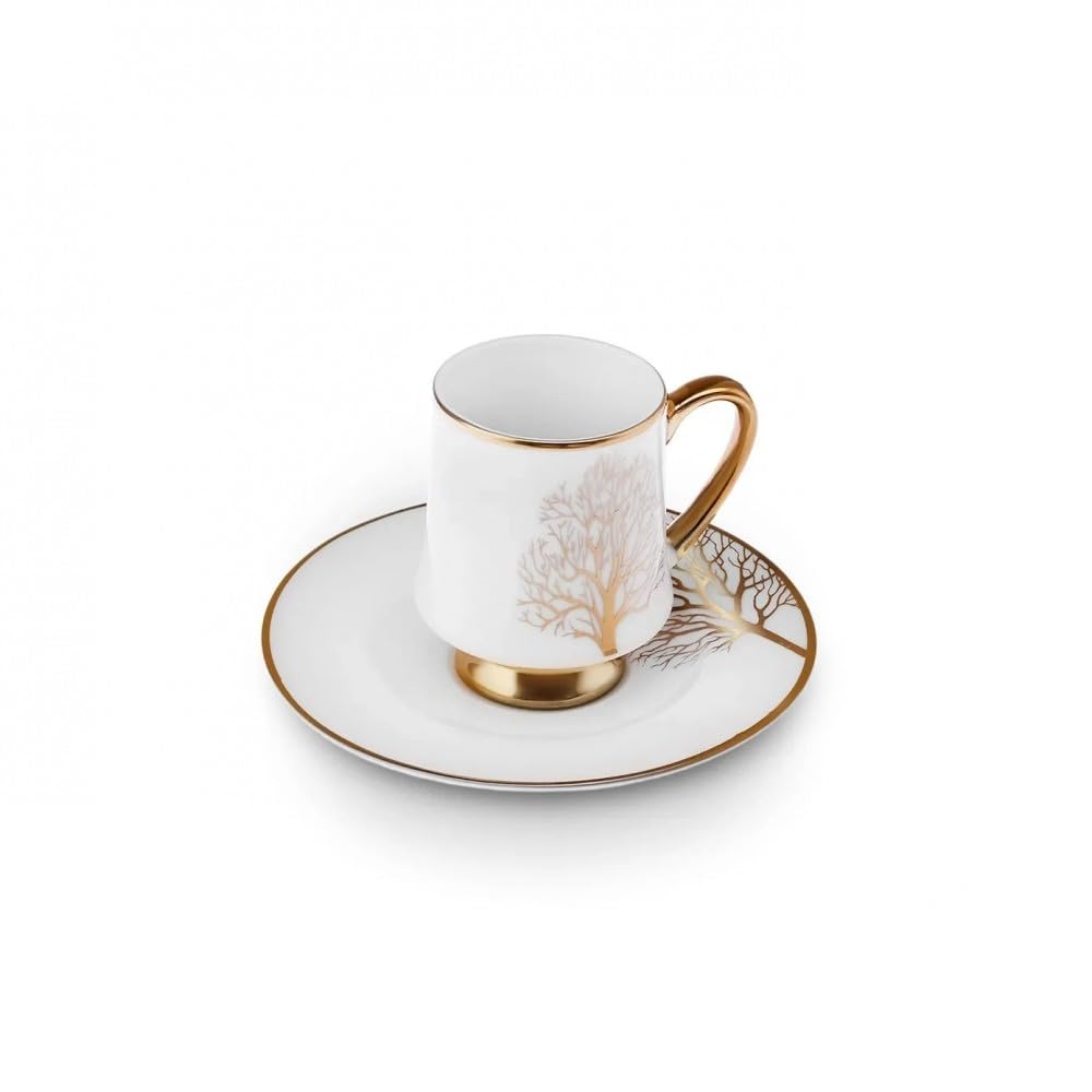 KARACA Afra 12 Piece Turkish Coffee Cup Set for 6, 90ML Porcelain Demitasse Espresso Cups with Saucers, White & Gold Luxury Small Coffee Cups, Elegant Set for Arabic Greek Coffee, Gift Ready
