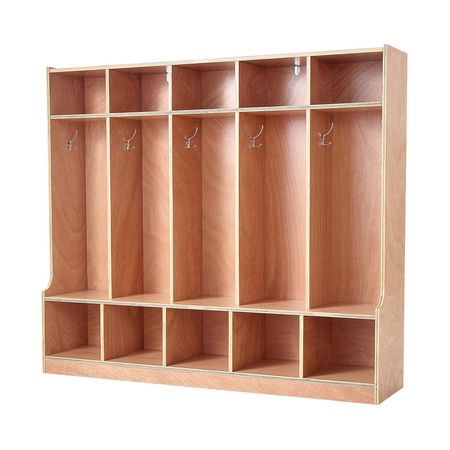 5-Section Kids Coat Locker, Wooden Toddler Cubby Storage Organizer with 10 Hooks & Non-Slip Mat, Modern Kid Coat Cubbies with 10 Small Open Storage Boxes for Home, Kindergarten, Daycare, Natural