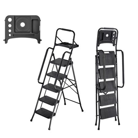 5 Step Ladder, Folding Step Stool with Wide Anti-Slip Pedal, Tool Tray, Dual Side Handrails, 600 lbs Capacity Portable Steel Ladder, Multi-Use for Kitchen, Home, Household and Office, Black