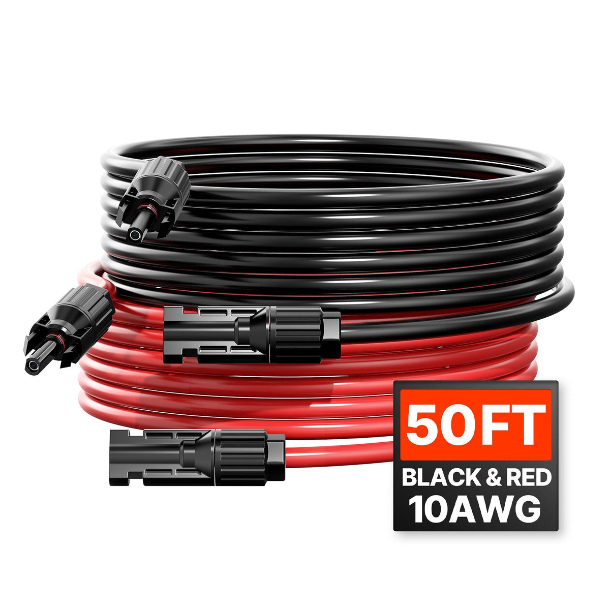 50FT Solar Panel Extension Cable, 10AWG Solar Extension Cable Wire with Female & Male Waterproof Connectors, 6mm² PV Cable for Home, Ship and RV Solar Panels, 50FT Black + 50FT Red (Set of 2)