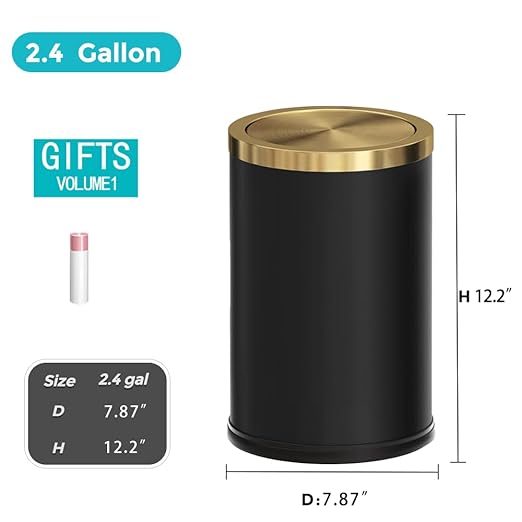 9L / 2.4 Gallon Black Metal Trash can with Lid, Fingerprint-Proof Garbage Can with Removable Inner, Metallic Gold Wastebasket for Bathroom,Bedroom,Dorm,Office,Hotel (Black Double Layers)