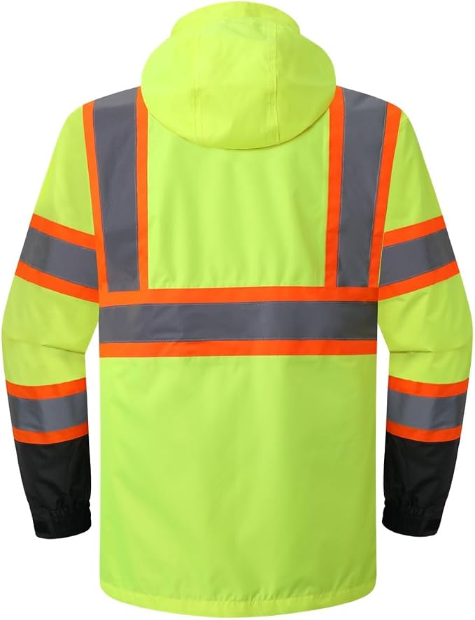 JKSafety Hi-Vis Reflective Safety Rain Jacket for Men Women Waterproof Rain Gears for Farming Fishing Work HV Rain Jacket with Inner Mesh Lining and Pockets (117A-YBlk M)