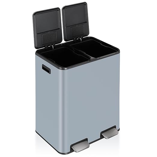 16 Gal (2 x 30 L) Dual Trash Can, Stainless Steel Kitchen Garbage Bin, Recycle Dustbin with Odor Control Box, Soft-Close Lid, Inner Buckets, Side Handle, Step Pedal, for Home Office