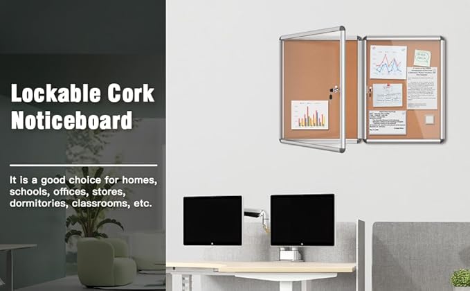 2 Pack 26"x20" Enclosed Bulletin Board, Lockable Weather-Resistant Aluminum Cork Noticeboard for School & Office, Silver Frame w/Cork