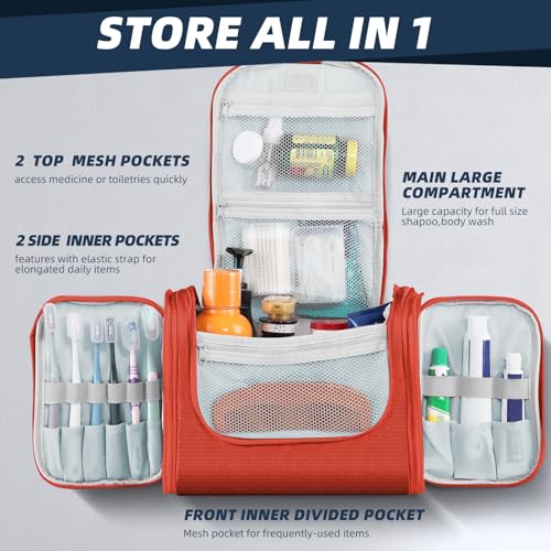 Buruis Large Capacity Toiletry Bag for Women and Men, Hanging Toiletry Organizer Cosmetics Makeup Bag, Water-resistant Dopp Kit Shaving Bags for Full Sized Toiletries, Travel Essentials (Orange)