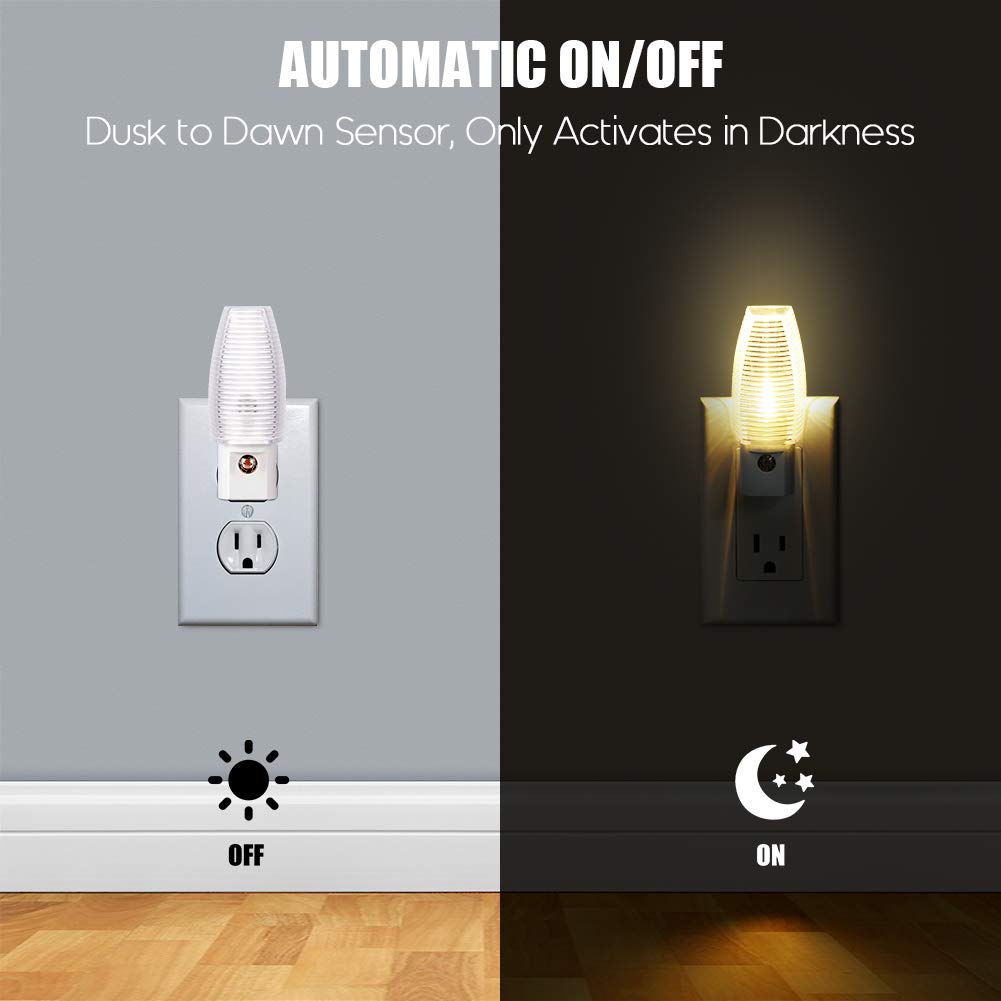 Emotionlite Plug in Night Light, Warm White LED Nightlight, Dusk to Dawn Sensor, Kids, Nursery, Bedroom, Bathroom,Hallway, Stairs, Kitchen, 4 Pack