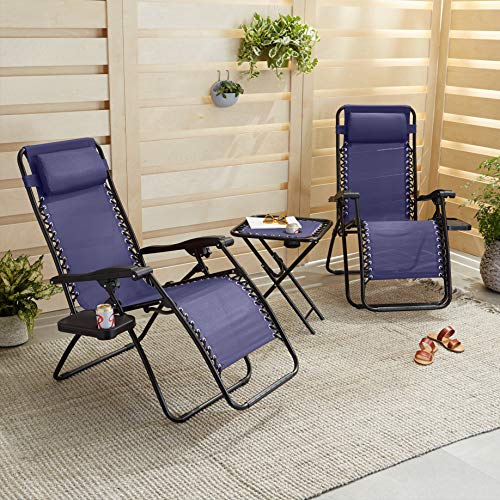 Amazon Basics Outdoor Textilene Adjustable Zero Gravity Folding Reclining Lounge Chair Set with Side Table, pack of 2, Blue