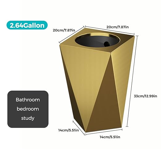 2.64 Gallon Metal Trash Can, Creative Diamond-Shaped Garbage Can, Simple High-Grade Waste Basket, for Home Bathroom Office. (10L Gold Diamond)