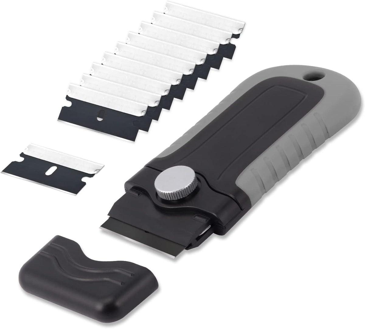 Gomake Locking Razor Blade Scraper with Safety Cap, Glass Cooktop Scraper with 10PCS Black Carbon Steel Blades for Glass Clean, Paint and Old Label,Decal Sticker Remover, Stove Top Scraper Tool