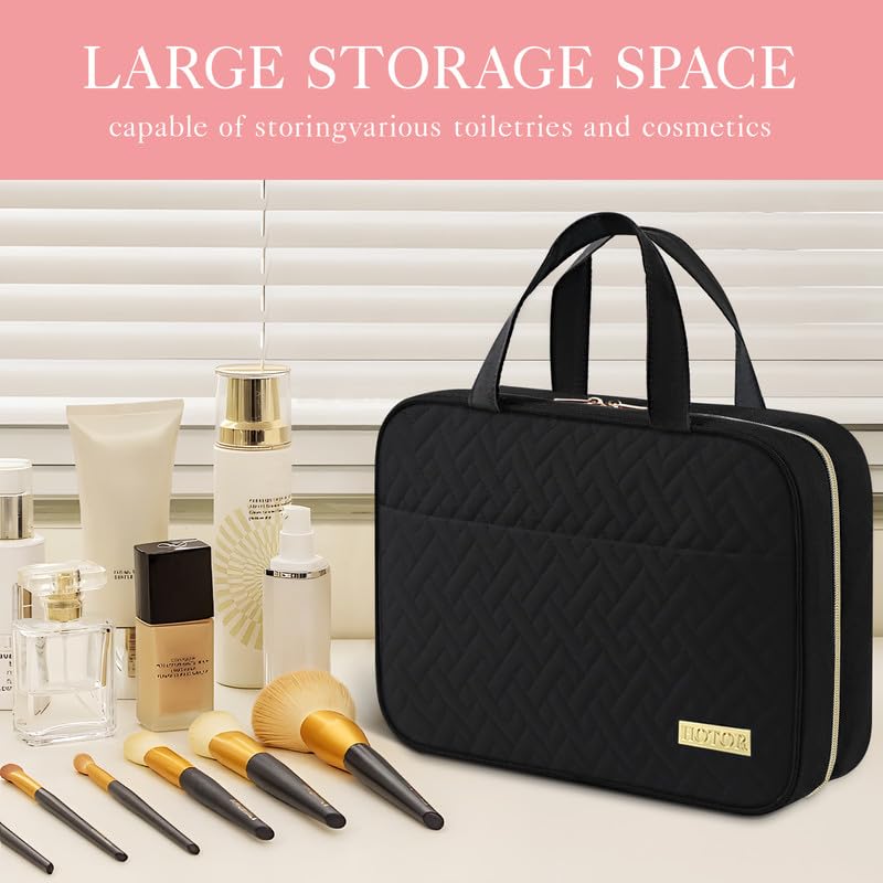 HOTOR Travel Toiletry Bag w/Hanging Hook - Spacious Toiletry Bag Essentials for Women & Men, Makeup Bag/Big Comparment, Waterproof for Travel Accessories, Medium, Black