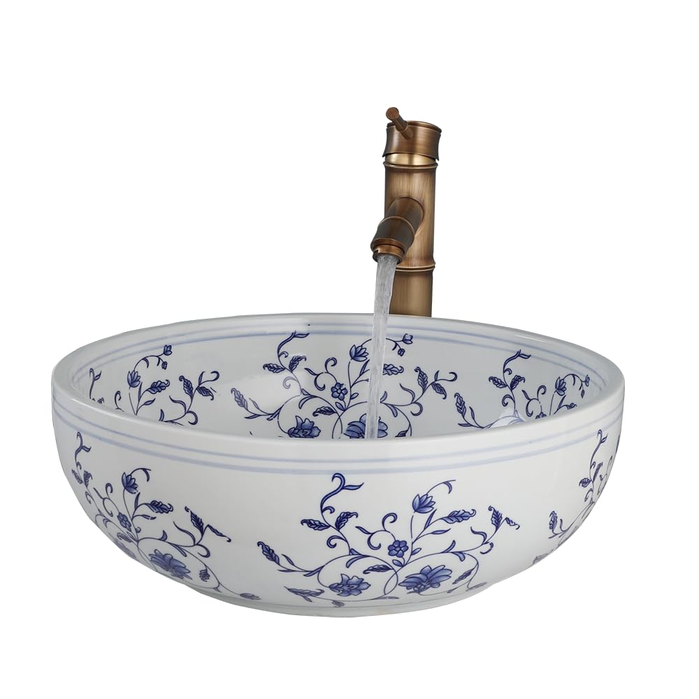 Lonuebu Bathroom Vessel Sink 16 Inch Vessel Sink Blue and White Ceramic Bathroom Sinks with Faucet and Drain Combo Bowl Sinks for Bathroom Vanity Above Counter