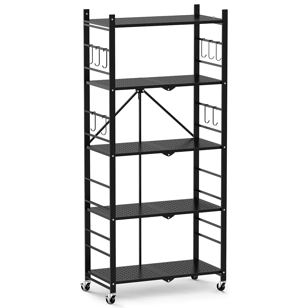 Himix Storage Shelves with 20 Hooks, 5-Tier Collapsible Organization Storage Rack Bookshelf Folding Pantry Shelves Cube Shelf Wire Shelving Holds 440 Ibs for Garage Kitchen Room, Black