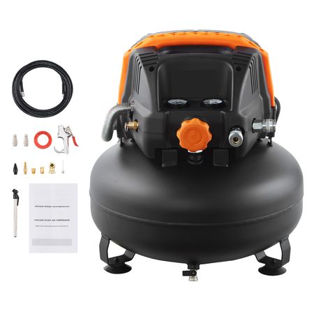 6 Gallon Air Compressor, 1.7HP 2.3CFM@90PSI Portable Pancake Air Compressor & 150PSI Max Pressure, 12-Piece Accessory Kit with 50FT Air Hose for Tire Inflation, Spray Painting, Woodwork Nailing