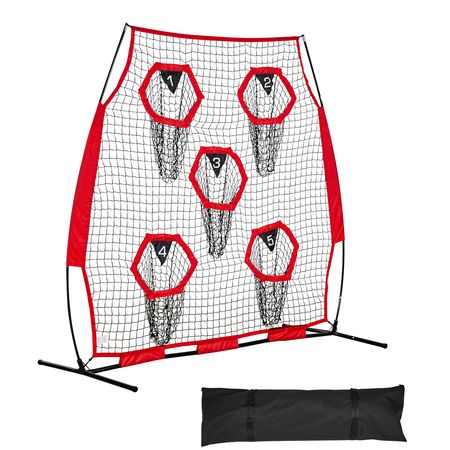 6 x 6 ft Football Trainer Throwing Net, Training Throwing Target Practice Net with 5 Target Pockets, Knotless Net Includes Straps and Portable Carry Case, Improve QB Throwing Accuracy, Red