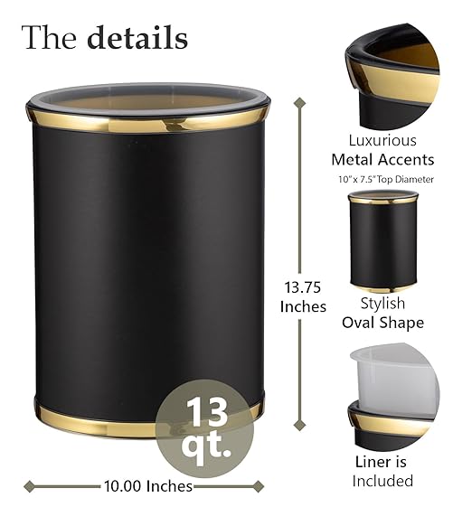 Kraftware Sophisticates Oval Wastebasket with Plastic Liner, Adding Classic Style to The Bathroom and All Other Rooms in The Home or Office, 13 Quart Capacity, Black with Gold Trim