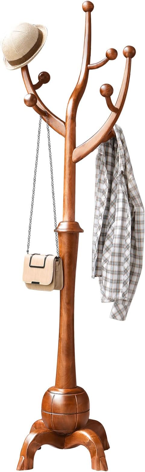 Coat Rack Freestanding Wood Tree Rack with 8 Hooks, Creative Design Tree Branch-look, Coat Tree Clothes Hanger Stand with Stable Sphere Base for Entryway, Hallway, Bedroom - Load 160lbs (Light Brown)