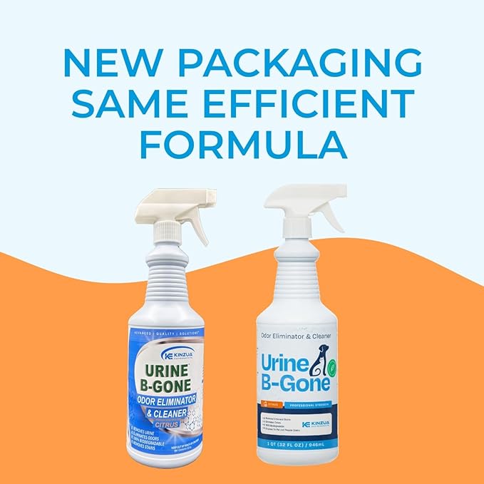 KINZUA ENVIRONMENTAL Urine B-Gone, Professional Enzyme Odor Eliminator & Pet Stain Remover, Human, Cat & Dog Urine Cleaner, Effective on Laundry, Carpets & More, Citrus Scent, 32oz