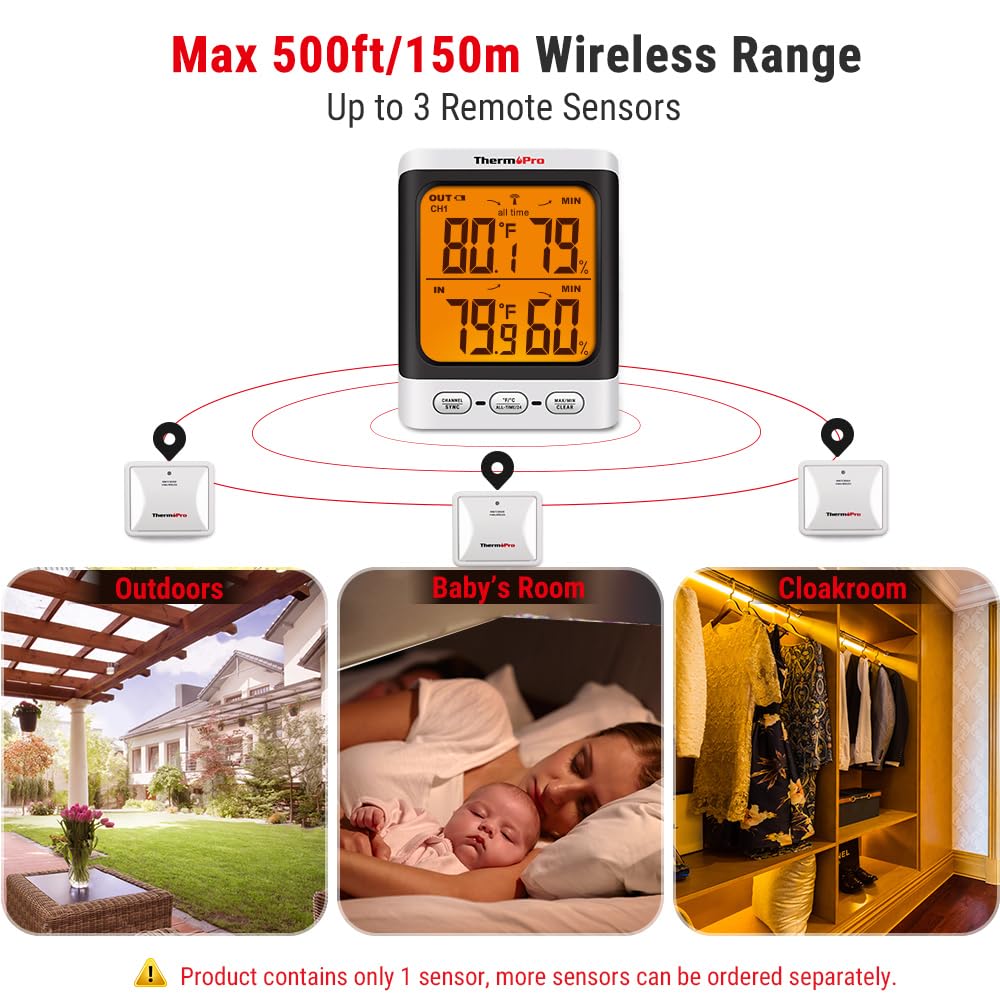 ThermoPro Indoor Outdoor Thermometer Wireless, 500 ft Outside Thermometer with Cold-Resistant Sensor, Outdoor Thermometers for Patio Waterproof with 3.3" LCD Display, Backlit Outdoor Temperature Gauge