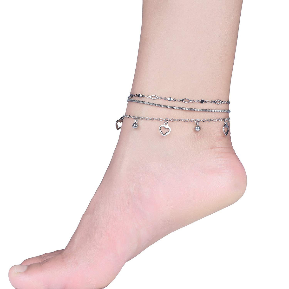 hoduar Stainless Steel Ankle Bracelet for Women, 14K Gold Plated Anklets Set 8.2"+2" Adjustable Waterproof Jewelry Gift