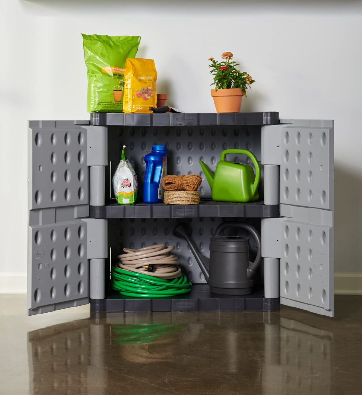 Rubbermaid Freestanding Storage Cabinet with Doors 18"D x 36"W x 37"H Medium Gray/Black Two-Shelf Lockable Cabinet for Indoor/Outdoor/Garage Storage for Garden Tools/Lawn Care Accessories