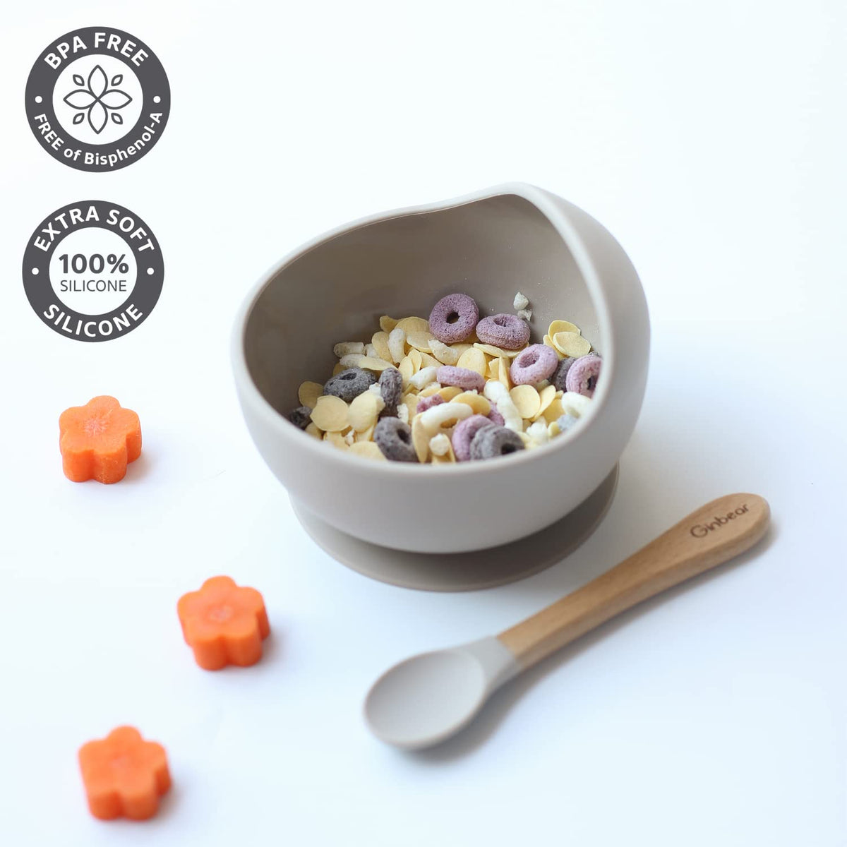 Ginbear Baby Bowls with Suction, Silicone Bibs, Self Feeding Spoons, Led Weaning Supplies, Toddler Eating Set for Ages 6 Months+ (Almond)