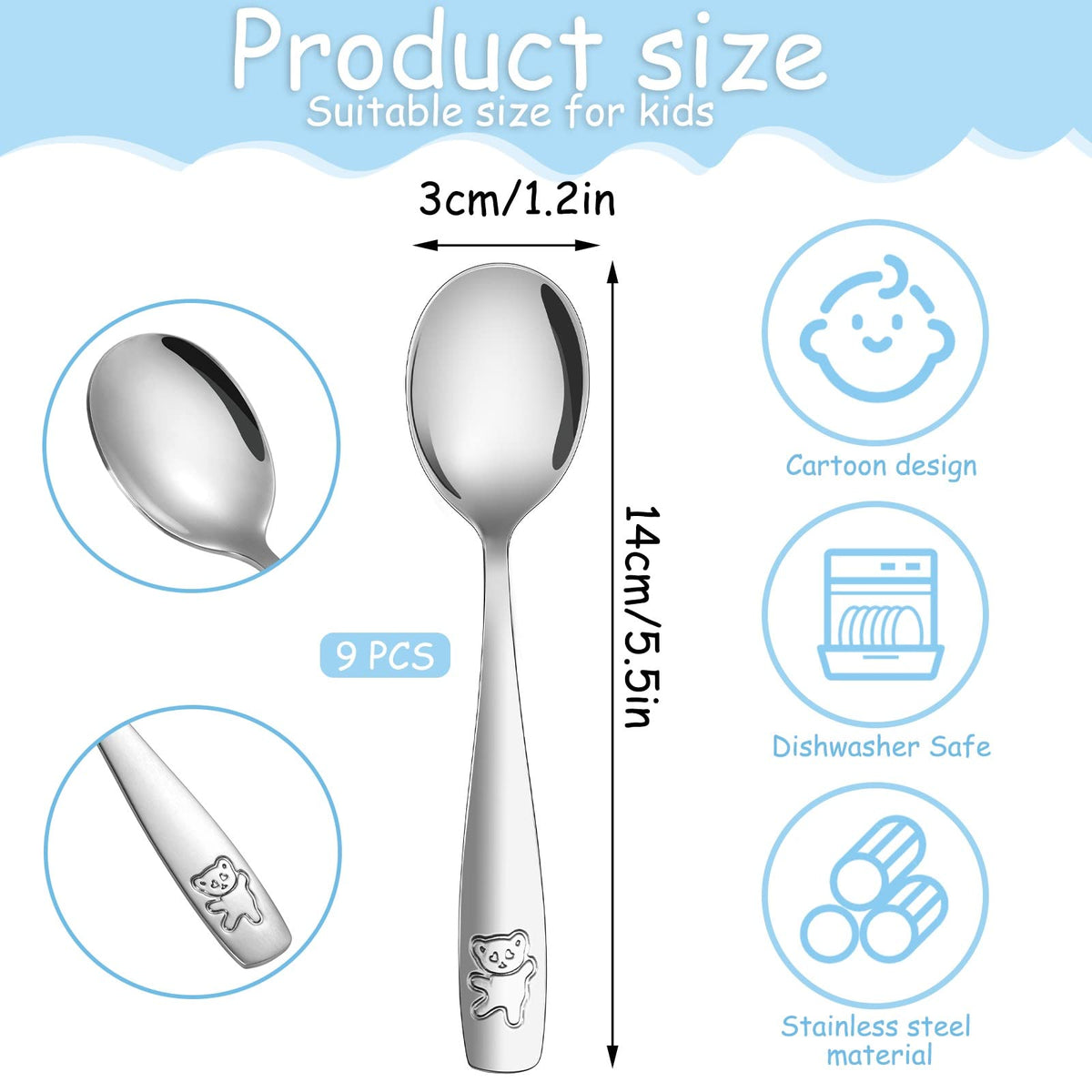 Pimoys 9 Pieces Toddler Spoons Kids Spoons, Kids Silverware Stainless Steel Toddler Utensils Metal Kids Cutlery Set Baby and Children Safe Flatware, Perfect for Small Hands