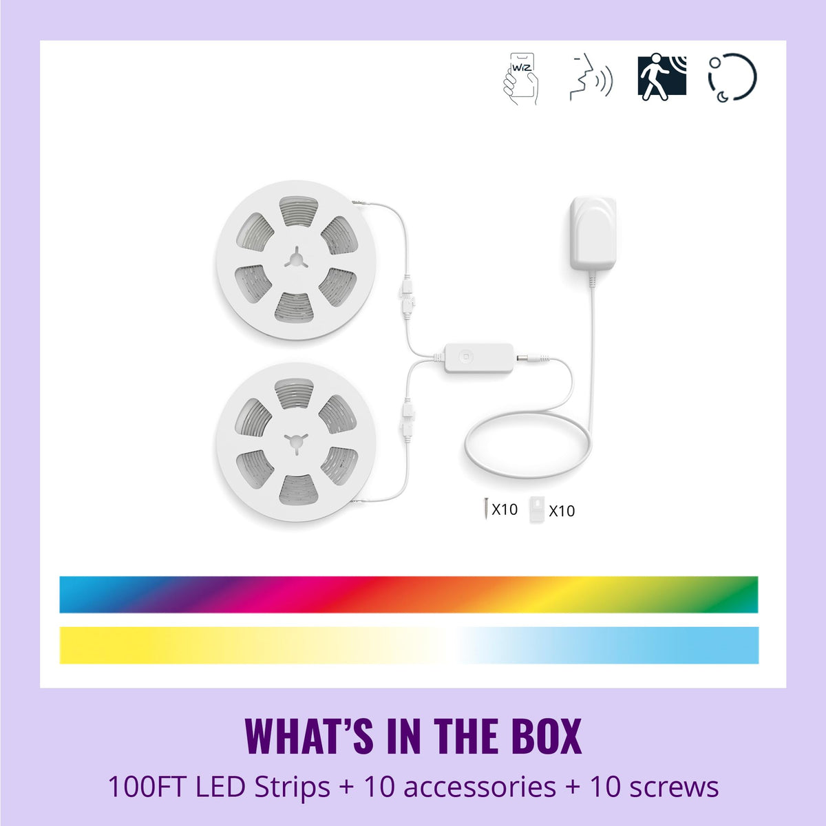 WiZ LED Smart Light Strip - Sunset to Sunrise Automation + Preset Light Modes + Control with Voice or App, Full Color RGB, Works with Alexa, Google Home, and HomeKit - 100 ft Cut to Fit