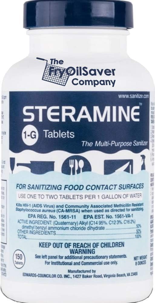 1 Bottle Steramine Sanitizer Tablets - Multi Purpose Steramine Sanitizing Tablets for Food Contact Surfaces in Kitchen, Diners, Hotels, Restaurants & Food Trucks by FryOilSaver Co. (150 Count)