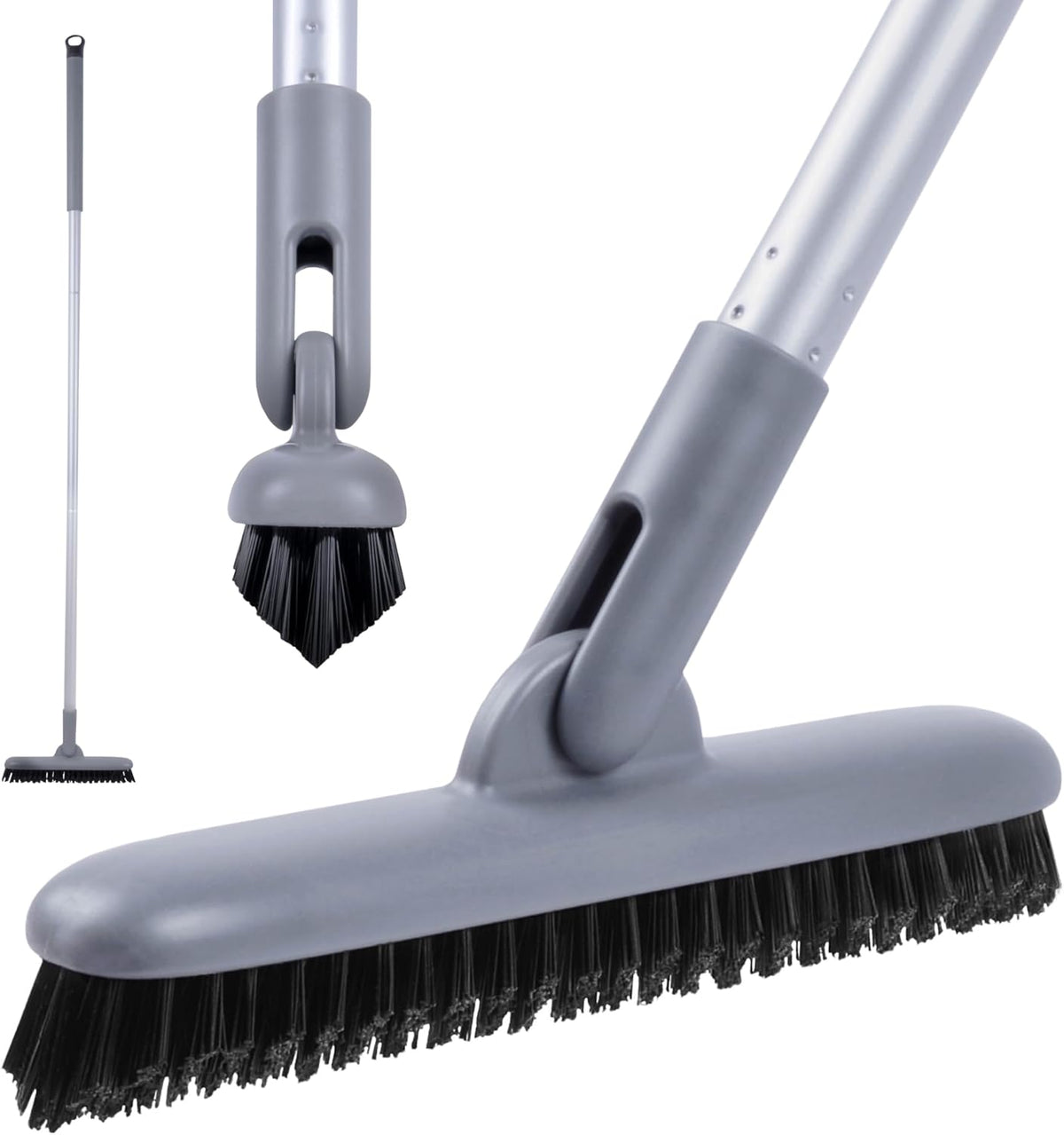DSV Standard Grout Scrub Brush with Long Handle, 50'' Tile Grout Scrubber, V-Shape Crevice Cleaning Brush for Hard to Reach Areas, 180° Rotation Grout Cleaner for Tile Floors, Baseboards and Corners