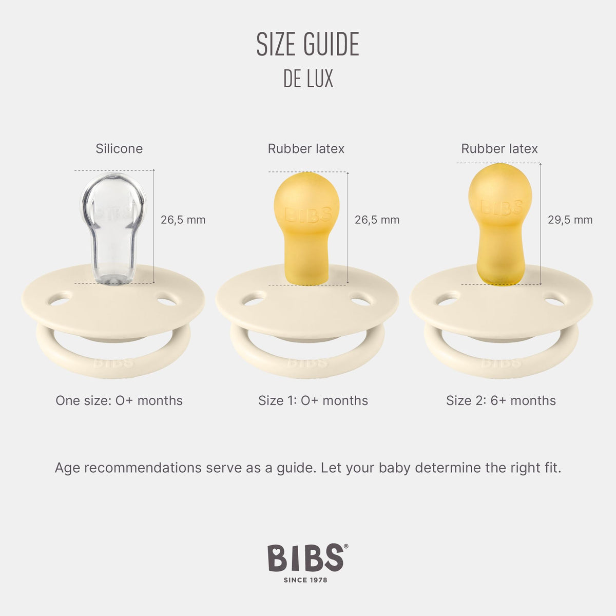 BIBS Pacifiers - De Lux Collection | BPA-Free Round Nipple | Silicone | Made in Denmark | Set of 2 Ivory/Sage Color Premium Soothers | Size One Size