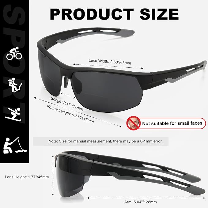 Missfive 2 Pack Mens Preferred Bifocal Sunglasses with Readers Built in, Sporty Semi-Rimless Wrap Dark Reading Glasses UV400 Protection, Adjustable Nose Pad Sun Reader for Outdoor/Driving +1.25