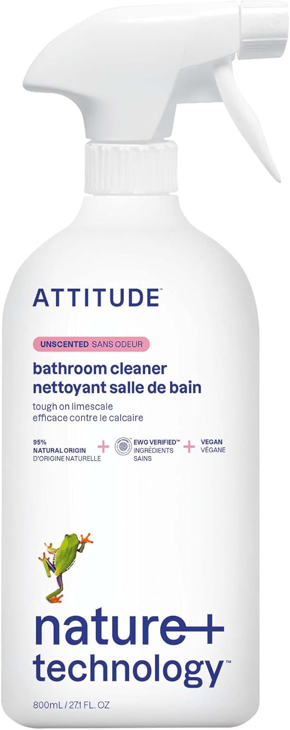 ATTITUDE Bathroom Cleaner Spray, EWG Verified, Plant-Based & Vegan, Safe for Bathroom Surfaces, Tiles, Tubs, Shower Walls, and Grout, Unscented, 27.1 Fl Oz