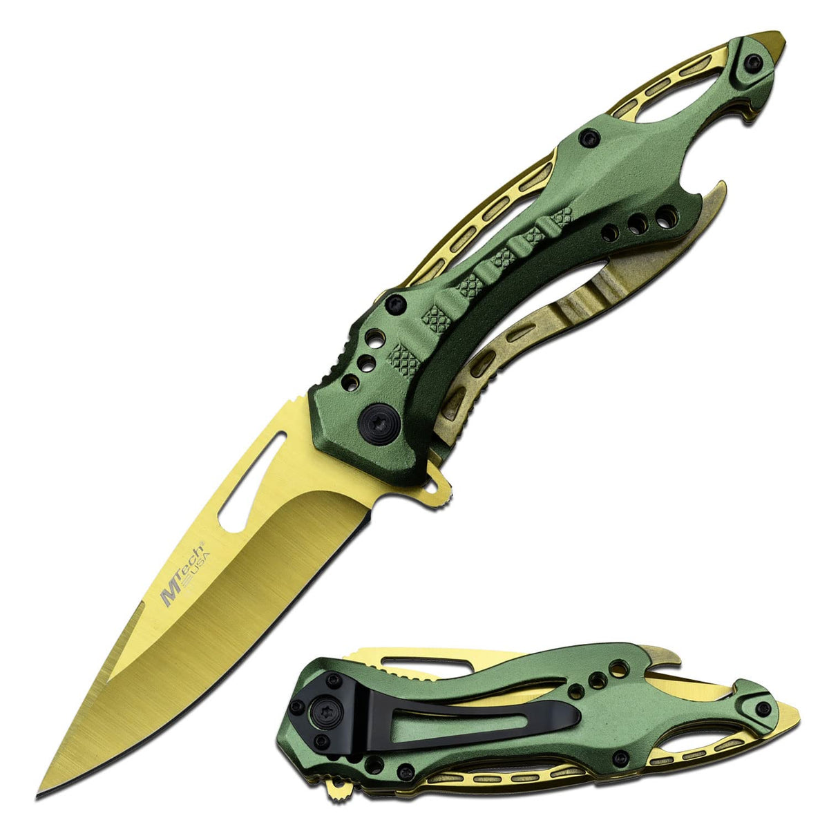 MTech USA – Folding Knife – Fine Edge Yellow TiNite Coated Stainless Steel Blade, Green Aluminum Handle, Pocket Clip, EDC - MT-A705GGN