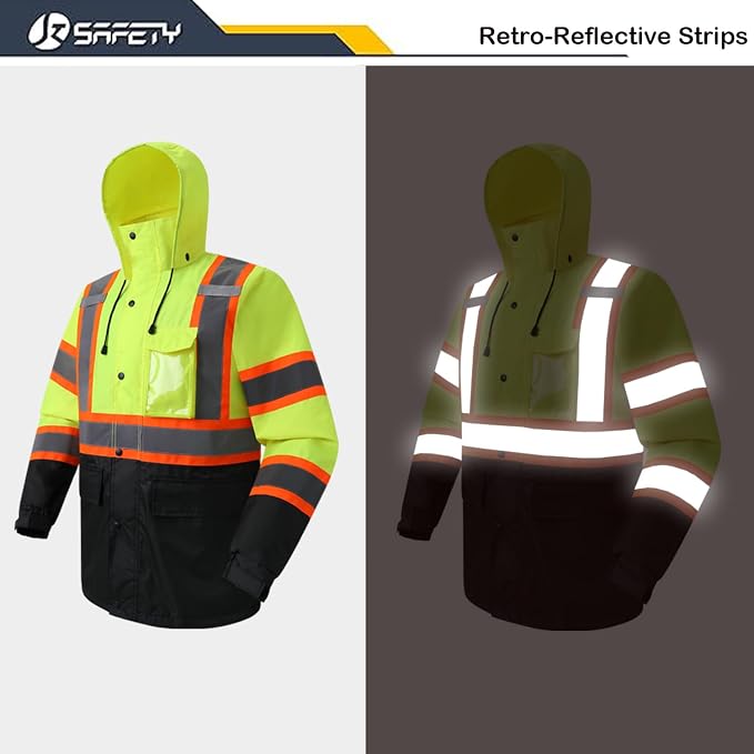 JKSafety Hi-Vis Reflective Safety Rain Jacket for Men Women Waterproof Rain Gears for Farming Fishing Work HV Rain Jacket with Inner Mesh Lining and Pockets (117A-YBlk XL)
