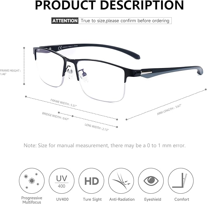 SKYOAK 2 Pack Premium Quality Progressive Multifocus Half Frame Reading Glasses for Men, No-Line Blue Light Blocking Computer Readers Multifocal Eyeglasses with TR90 Temples, Black and Gunmetal +3.0x