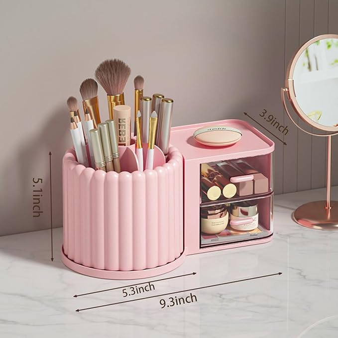 Anyoifax 360 Rotating Makeup Brush Holder 7 Slots Makeup Organizer with Drawer Removable Spinning Cosmetic Storage Pen Holder for Vanity, Dresser, Desk, Pink