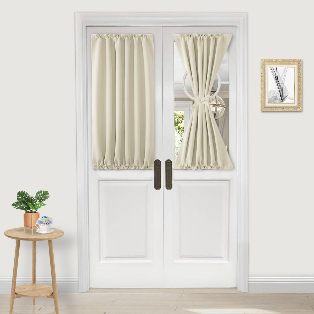 DWCN French Door Curtains â Rod Pocket Thermal Blackout Curtain for Window/Patio Doors/Doorways/Classroom/Kitchen for Privacy, 25W by 40L Inches, 1 Panel with Tieback, Light Beige