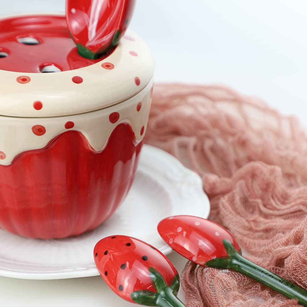 Sizikato 4pcs Porcelain Measuring Spoons with Base, Cute Strawberry Shape