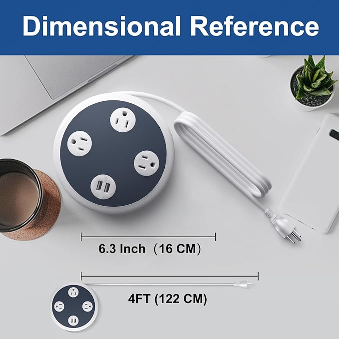 3 Multi Outlet Power Strip Surge Protector with 2 Quick USB Charging Ports, OviiTech Round Desktop Charging Station,UFO Shape, ETL Certified, Black and White