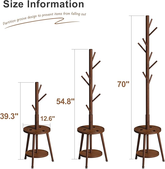 FILWH Freestanding Coat Rack with Umbrella Organizer Tray Bamboo Coat Tree Rack with 8 Hook Stand for Clothes Bag Hats Entryway Hanger Stand(Brown)
