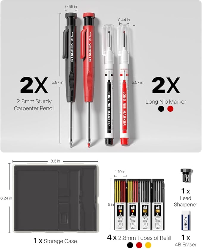 2PCS Carpenter Pencils with Sharpener, Heavy Duty Woodworking Tools, Mechanical Pencil Set with 26 Refills, Deep Hole Long Nib Marker Pens for Architect Marking with Case (Black, Red)