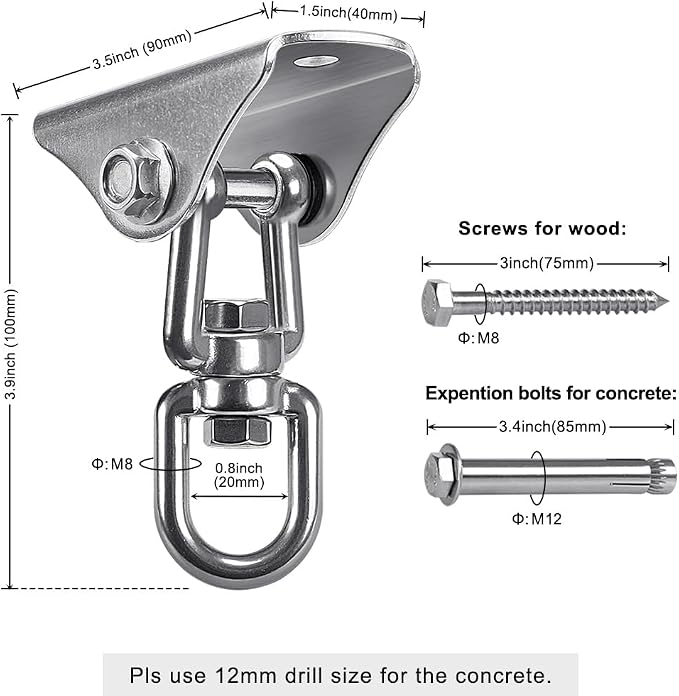SELEWARE Stainless Steel Swing Hangers Heavy Duty Ceiling Swing Mounts Free Swivel Swing Hooks Swing Hardware Kits for Yoga Swing Hammock Chair Porch Swing Sets Heavy Bag 1000 LB Capacity Each 2 Pack