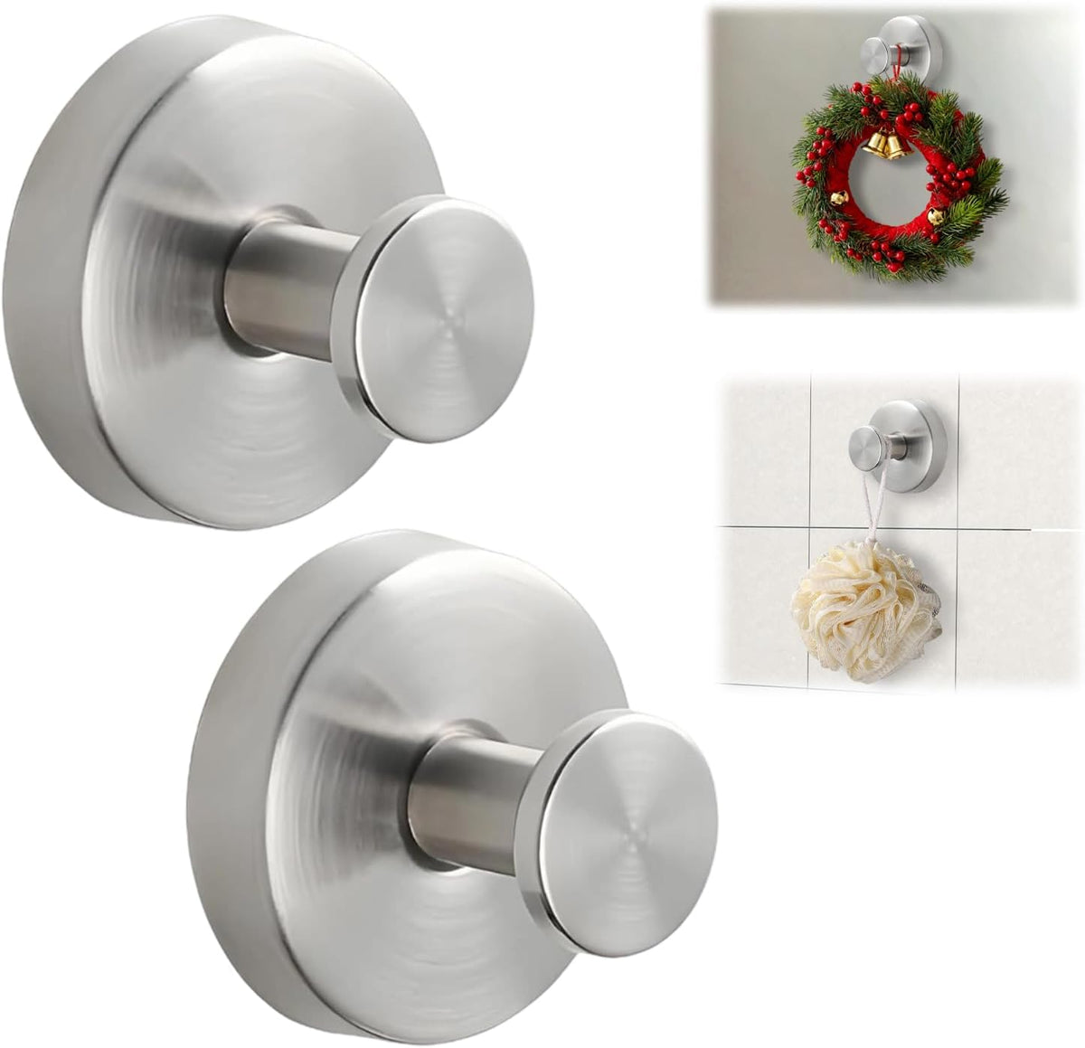 Suction Cup Hooks for Wreaths on Glass, No-Drill Suction Cup Hooks, Wreath Hangers for Front Doors, Metal Towel Hooks for Showers Bathrooms Mirrors (2Pcs Silver)