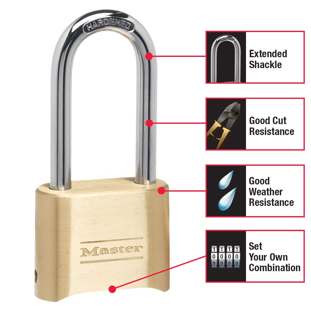 Master Lock Brass Combination Lock, Gate Lock for Outdoor Fence or Shed, Customizable Combination Padlock with Extended 2-1/4-Inch-Long Shackle, 175DLH